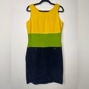 Vintage Pat Argenti 100% Silk Color block Dress Size 10 Yellow Navy Green bright